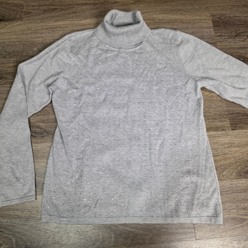 Questions Womens XL Turtleneck Sweater Grey Rhinestone Embellished Long‎ Sleeve